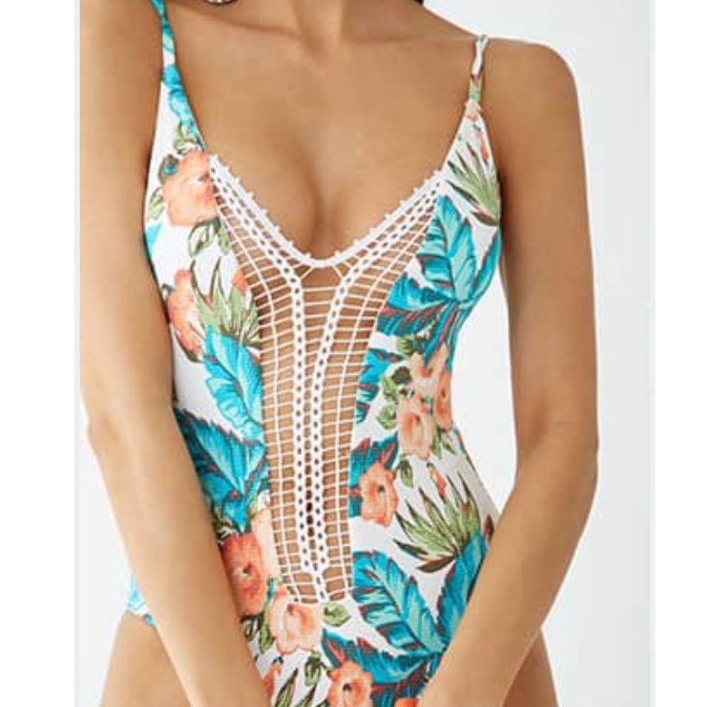 Floral Caged-Trim Swimsuit Crisscross Back